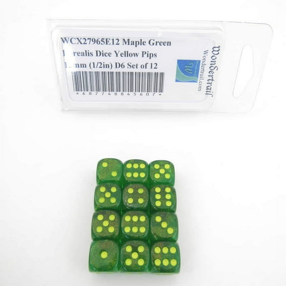 Maple Green Borealis Dice with Yellow Pips 12mm (1/2in) D6 Set of 12 Wondertrail