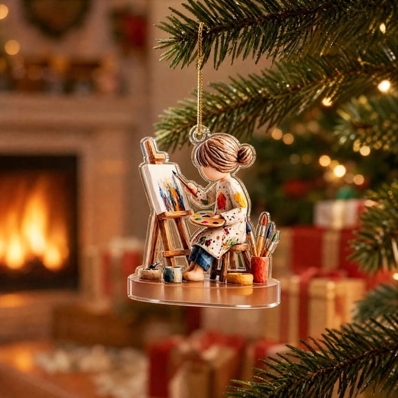 Christmas Ornament 2D Acrylic - Artist Girl Painting Hanging Decor for Xmas Tree & Holiday Gift, 1pc