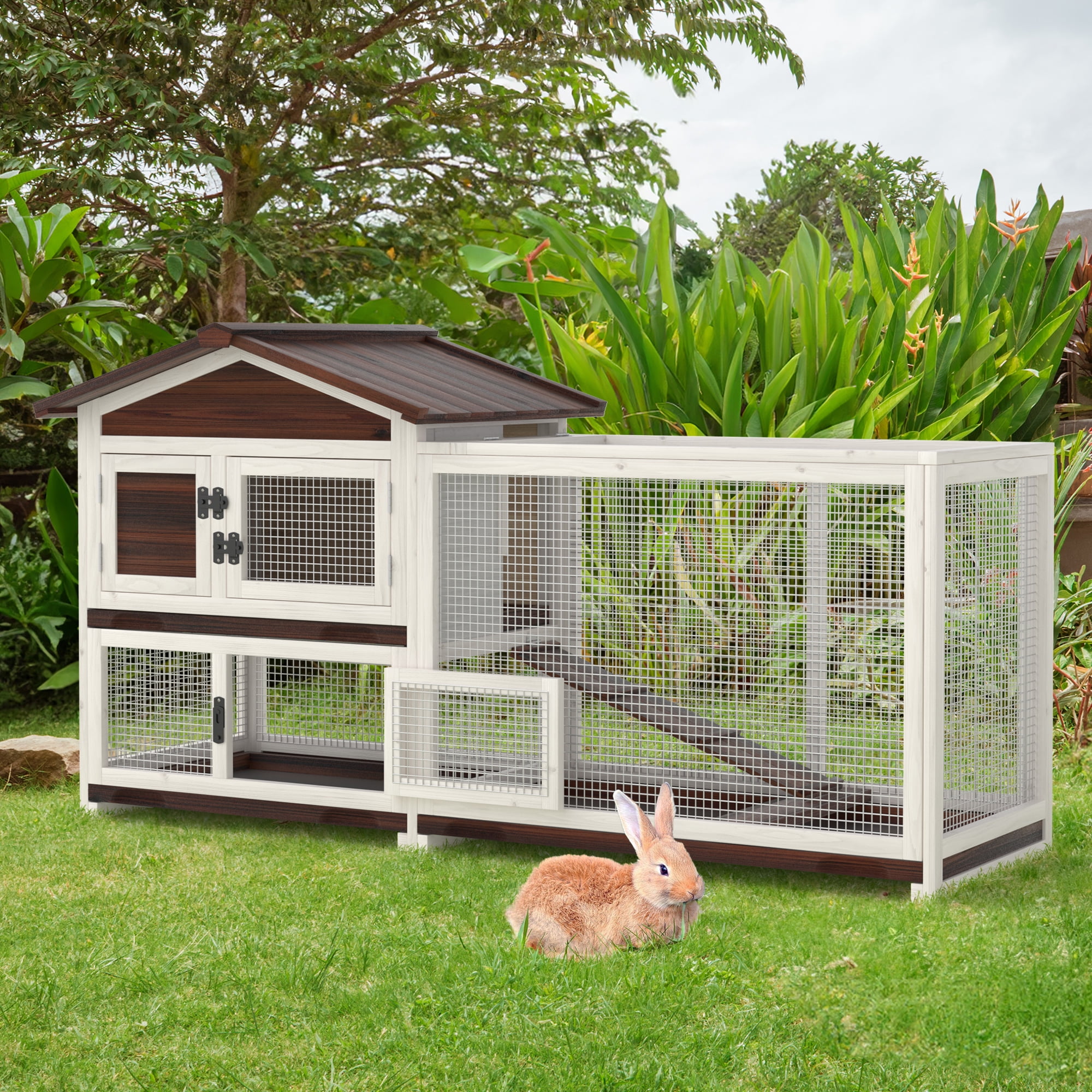 GOOJOASIS Rabbit Hutch Indoor, Chicken Coop Outdoor with 3 Removable Tray 2 Story Rabbit House with Large Running Cage & Ramp