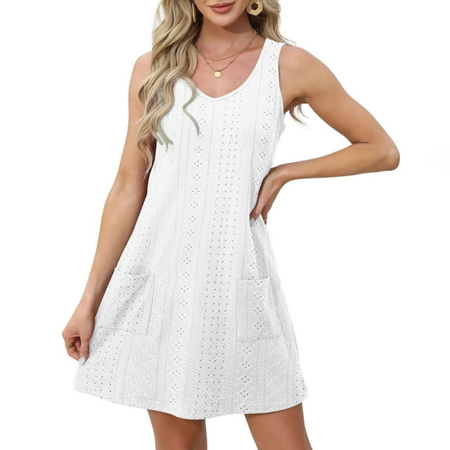 LSLJS Robe d'Été Décontractée pour Femme avec Poches, Couleur Unie, Mini-Robe à Col en V, Robe Soleil, Robes d'Été de Plage