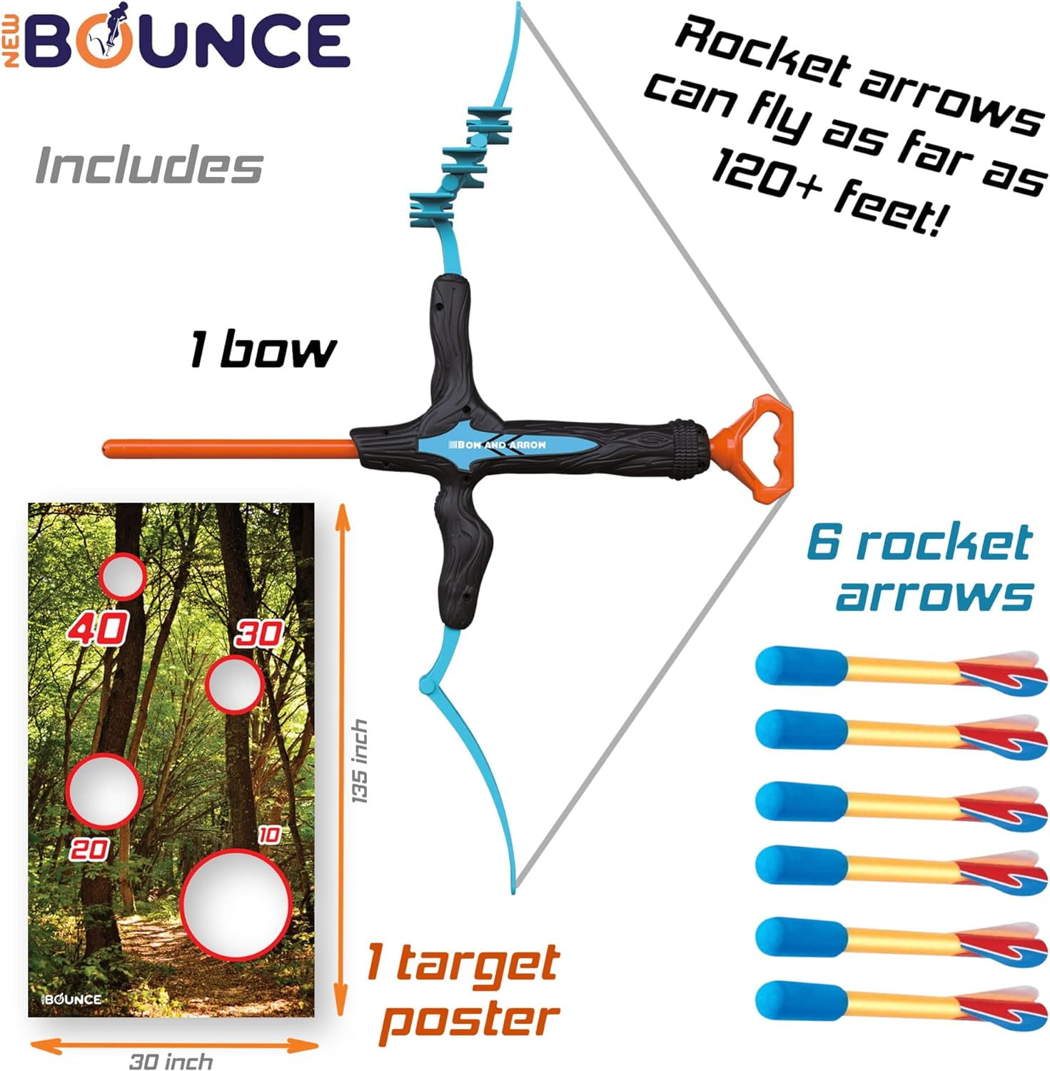 New Bounce Bow and Arrow Set for Kids, Toddler Archery Set with Target Poster, Foam Rocket Arrows, Outdoor Bow and Arrow Toy Gift for Ages 8–12