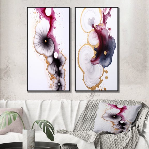Designart "Ethereal Elegance Magenta Ink Clouds VI" Abstract Painting Framed Wall Art Set Of 2 - Modern Gold Framed Canvas Set For Living Room Decor