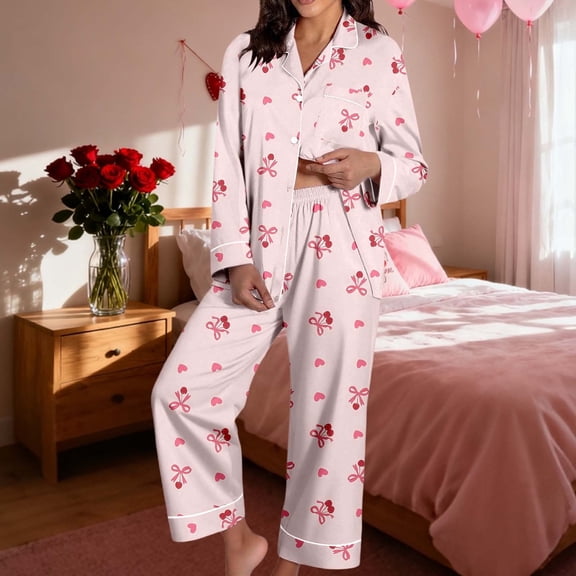 Women 2 Piece Pajama Set Heart Print Long Sleeves Button Down Lapel Shirt Long Pants Matching Sets Loungewear Pink L