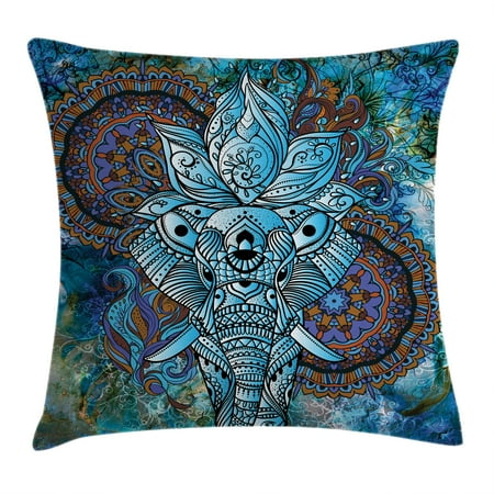 - Indian Throw Pillow Cushion Cover, Elephant Figure with Third Eye Symbol Ornaments Mystical Universe Swirls Boho Image, Decorative Square Accent Pillow Case, 18 X 18 Inches, Blue Brown, by Ambesonne