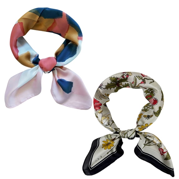 allydrew 2 Piece Silky Feeling Satin Neckerchief Scarf Set, 26.5" Square Scarf Value Pack, Abstract Bouquet