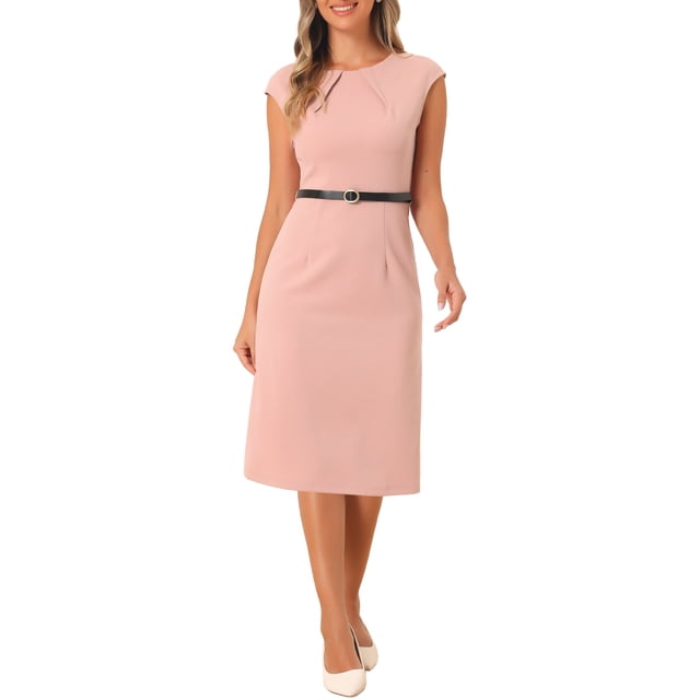 INSPIRE CHIC Vestido Elegante de Mujer con Mangas Cortas y Cinturón para Usar en el Trabajo, Vestido Tipo Sheath, Rosa M