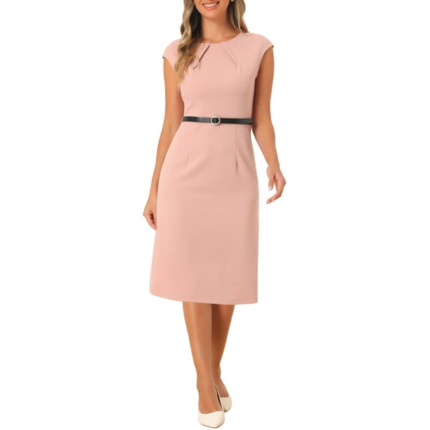 Vestido elegante de mujer Inspire Chic con mangas cortas y cinturón, vestido de trabajo tipo sheath, color rosa, talla L