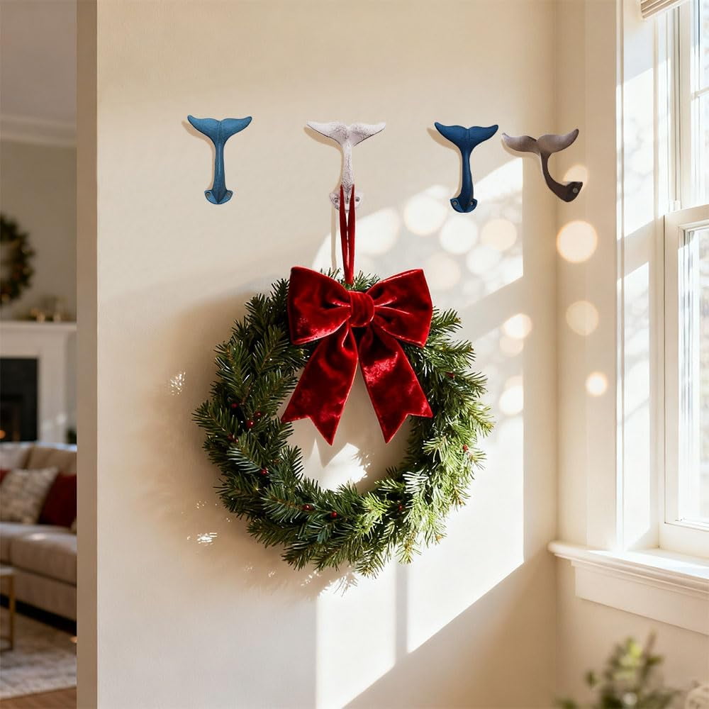 RGHJAR-Whale Tail Coat Hooks,Command Strips Hook,Vintage Cast Iron Whale Decorative Wall Hooks for Hanging Towel,Hat,Scarves,Keys-Perfect for Nautical Bathroom Decor,Garage,Entryway,Closet,Bedroom,Do