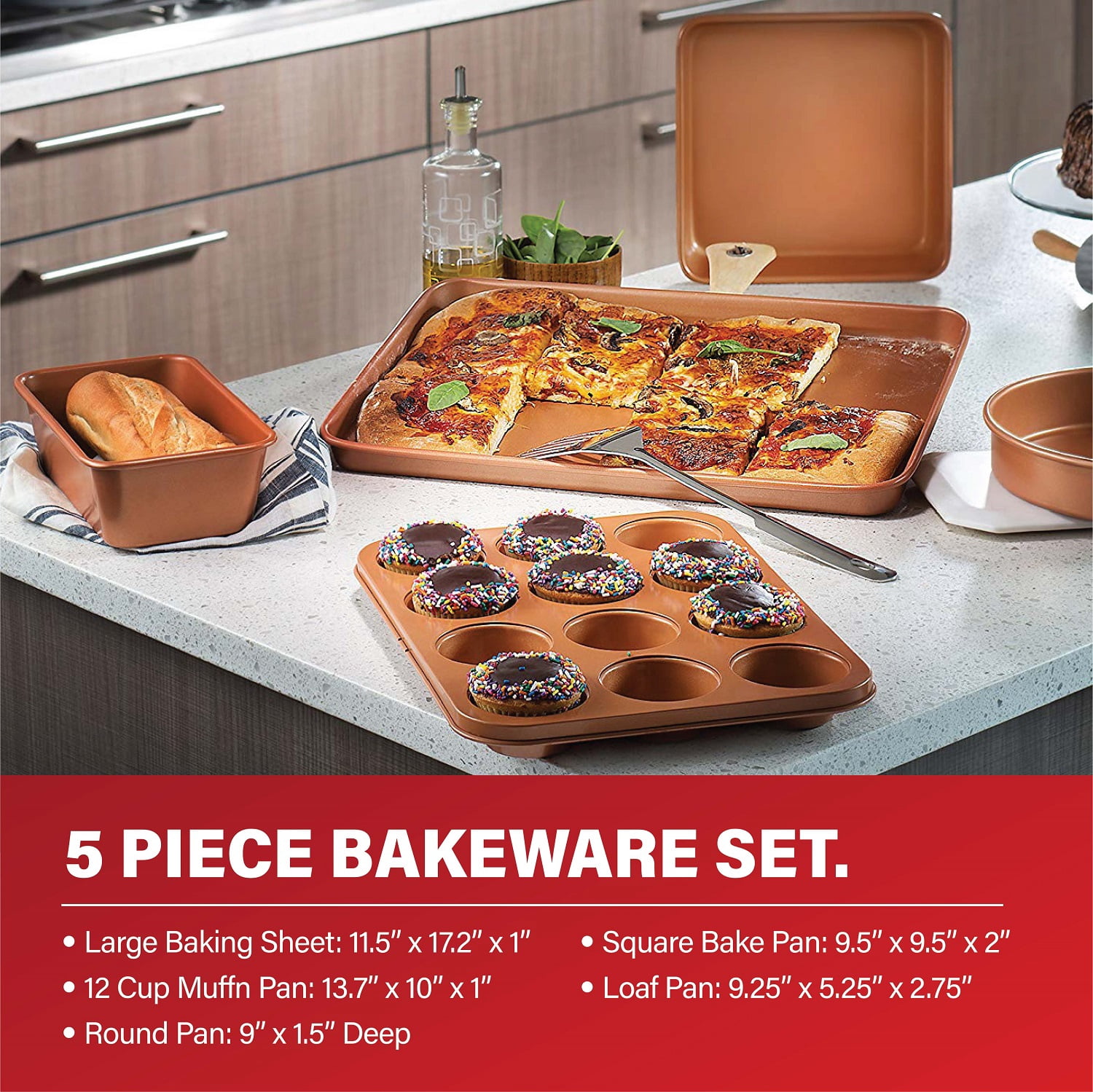 Gotham Steel Kitchen-in-a-box 25 Piece Cookware set, Non-stick Pots & Pans with Utensils, Red/Copper