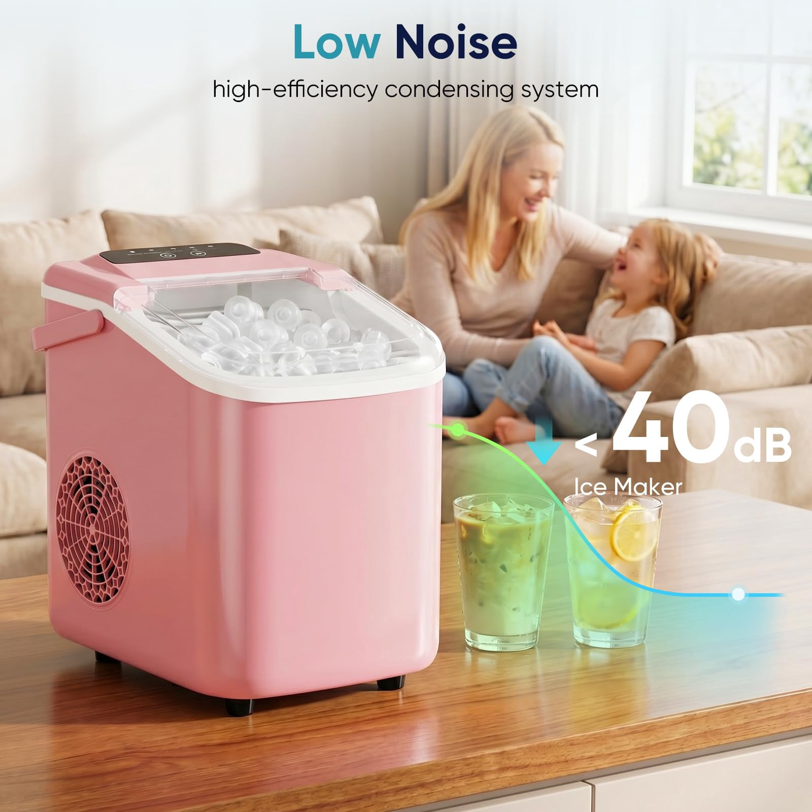 LIFERECORD Portable Ice Maker Countertop with Handle, 6 Mins for 9 Bullet Ice, 26lbs/24H, Self-Cleaning Compact Ice Machine for Home, Kitchen, Camping & Parties, Pink