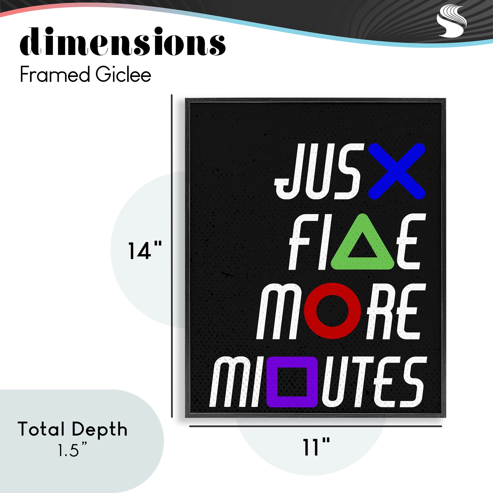 Just Five Minutes Gamer Buttons Black Framed Giclee Art, design by Kim Allen