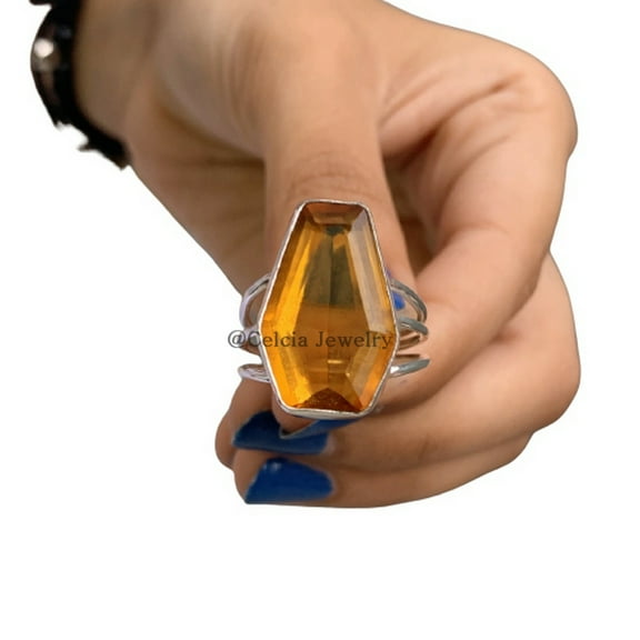 Natural Citrine Yellow Gemstone Triple Band Womens Ring, 925 Sterling Silver Coffin Jewelry, Statement Promise Proposal Friendship Bridesmaid Ring, November Birthstone Ring (citrine, Size 7)