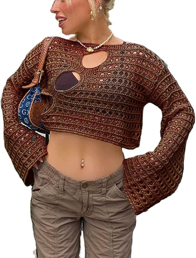 Biekopu Women's Hollow Open Navel Crochet Top, Long Sleeved Round Neck  Solid Color Loose Knit T-Shirt,S/M/L/XL 