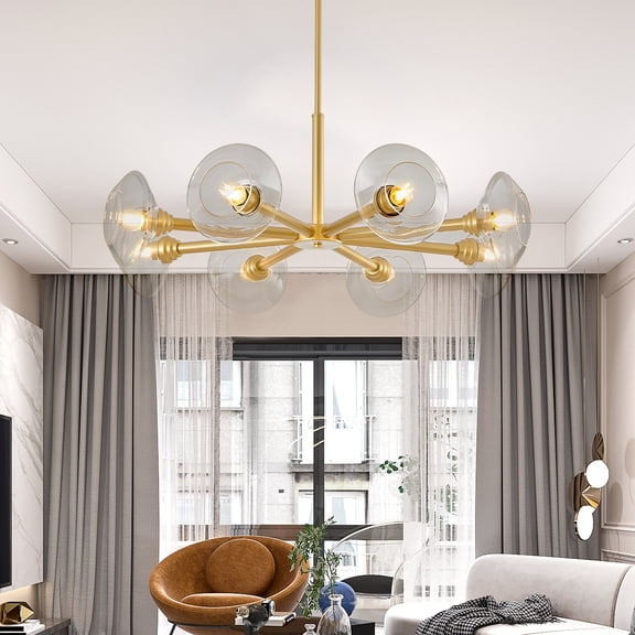 Living Room Lamp, 36" Modern Gold 8-Light Sputnik Chandelier with Clear Glass Shades, Mid-Century Hanging Pendant Light Fixture for Dining Room, Living Room, or Kitchen (Bulb Not Included)
