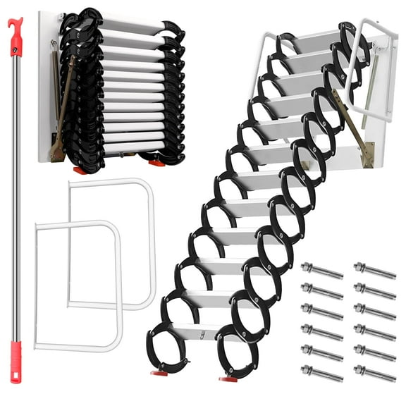 12-Step Al-Mg Alloy Wall-Mounted Telescoping Folding 10 FT Attic Ladder, Stair with Handrails and Anti-Slip Steps, Irreplaceable for Attics, Basements, and Home Improvement