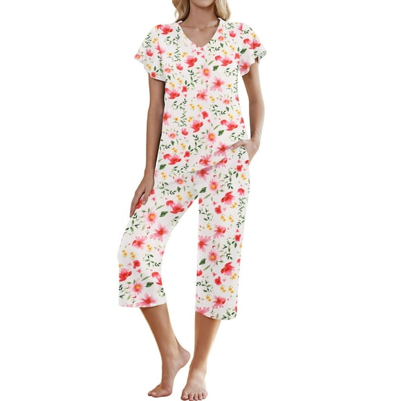 Conjunto de pijama Ekouaer - Pantalones capri de manga corta con estampado floral