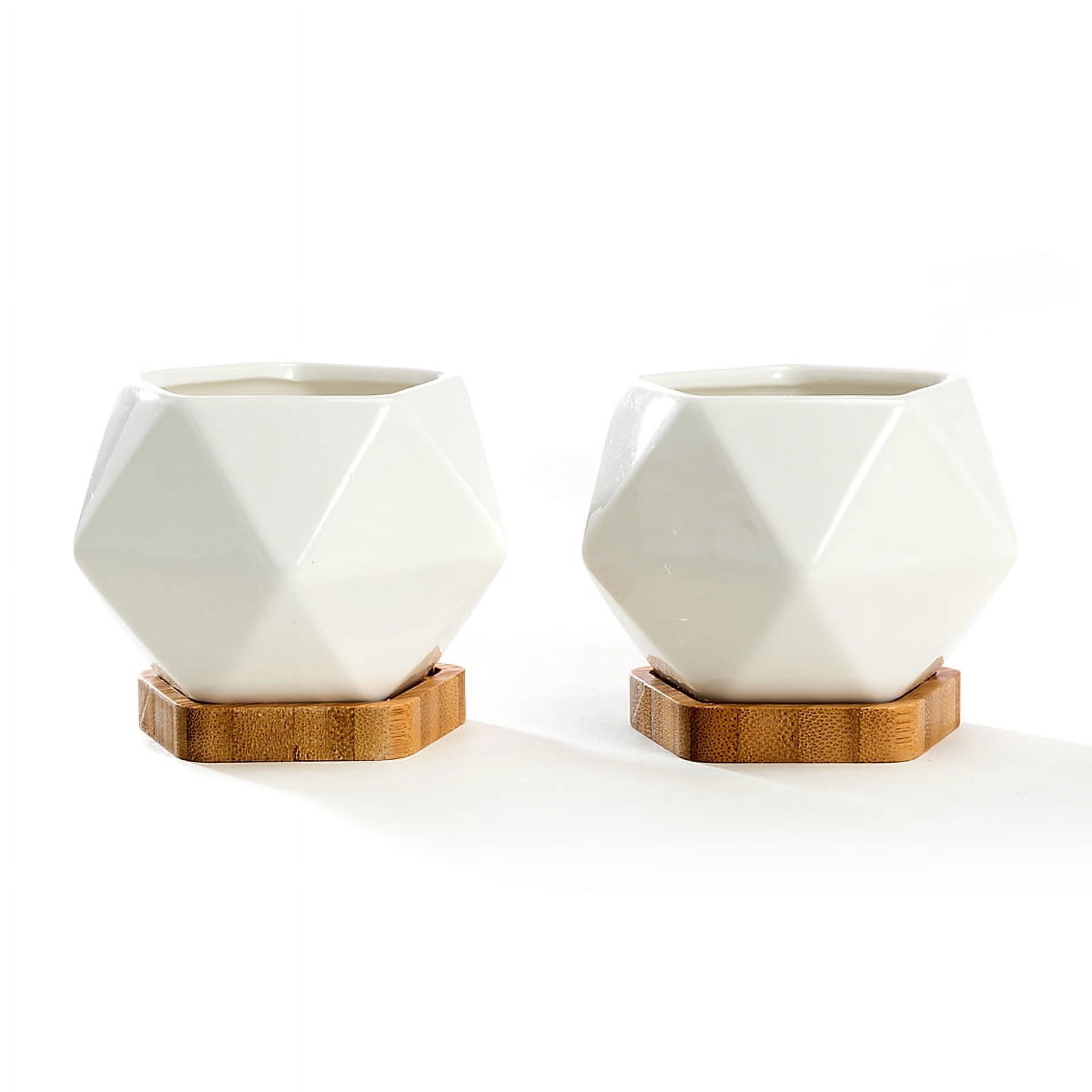 K-Cliffs White Diamond Shape Ceramic Succulent  Pots with Bamboo Trays, Set of 2 3.5L*3.5W*3H in ,Pot:3.5*3.5*2.6H in, Saucer: 2.75L x 2.75W x 0.5H