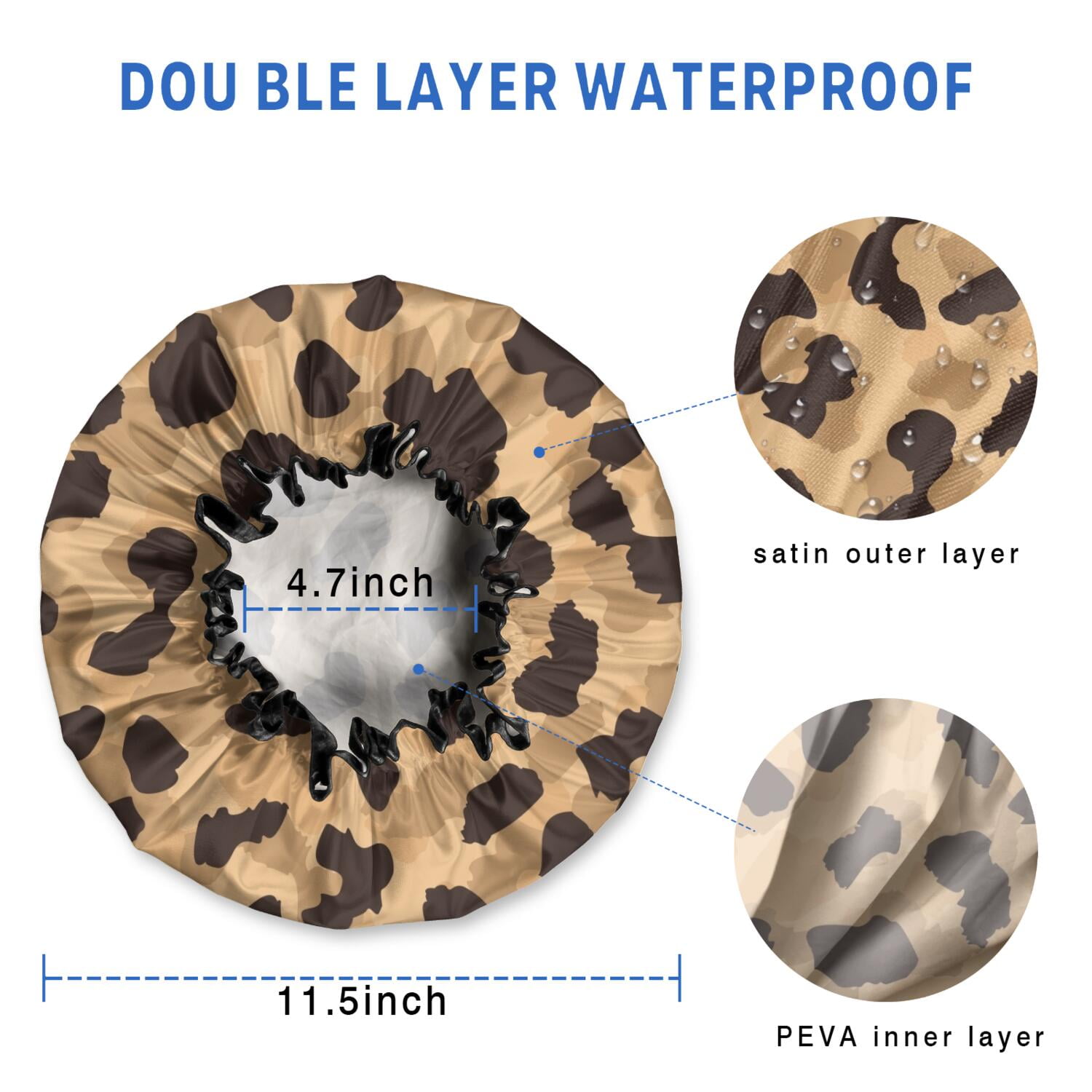 Shower Caps,Beige and Black Leopard Pattern Waterproof Shower Cap for Women 4 Pieces,Double Reusable Hair Cover for Shower PEVA Elastic Stretch Hem