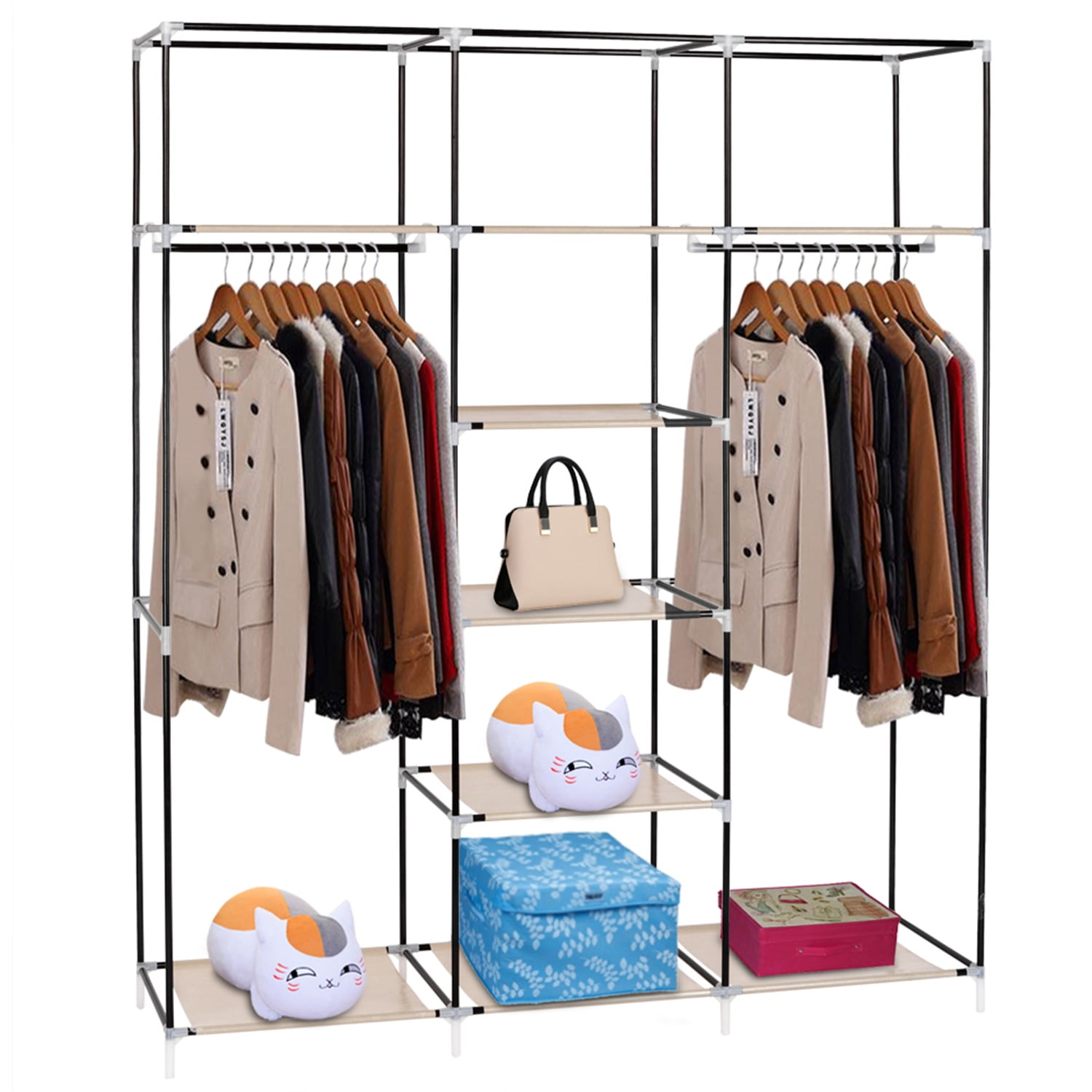 Risegun 69" Portable Storage Closet Non Woven Fabric Clothes Organizer, Durable and Easy to Assemble, Beige