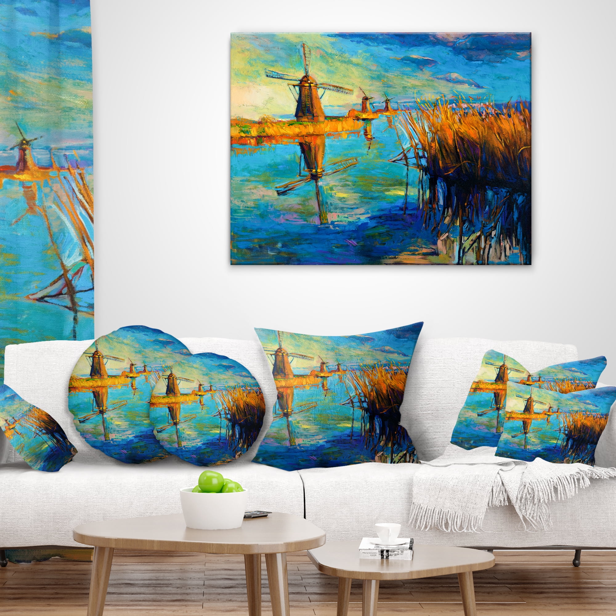 Designart Windmills with Sky and Water - Landscape Printed Throw Pillow - 12x20