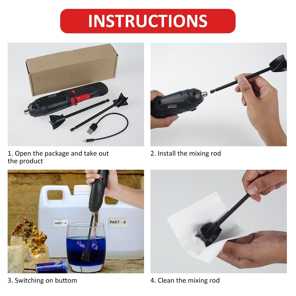 Civg Electric Epoxy Resin Mixer Handheld Resin Stirrer with 4 Stirring Paddles for 1/4in Drills Minimizing Bubbles Portable Epoxy Mixer for Resin