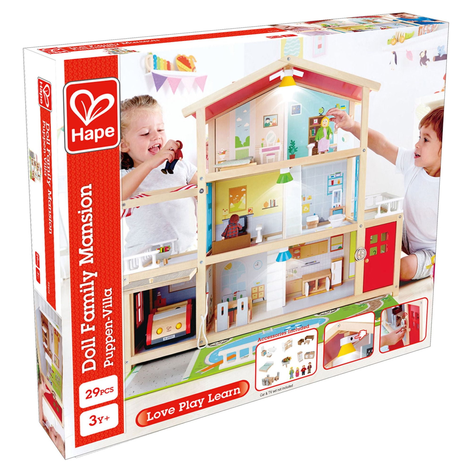 Hape Little Room Pretend Play 3 Story Wooden Doll House W/ Light