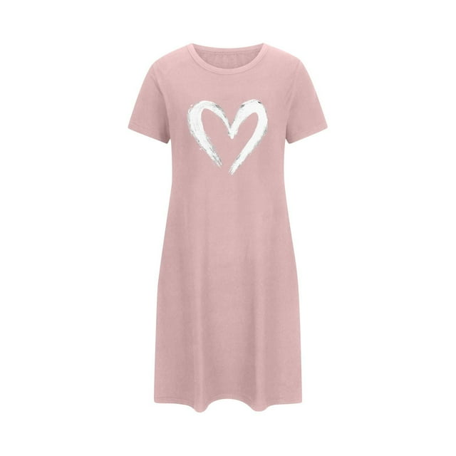 fheaev Chemises de Nuit pour Femmes Grande Taille Imprimé de la Saint-Valentin Chemise de Nuit Décontractée à Manches Courtes Robe de Sommeil Ample Confortable Pyjama Col Rond Chemises de Nuit Douce Tenue de Nuit
