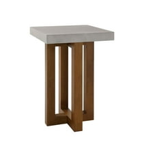 Gzxs 16" Square Side Table, Modern Accent End Desk with Faux Concrete Top & Wood Cross Base (Walnut)