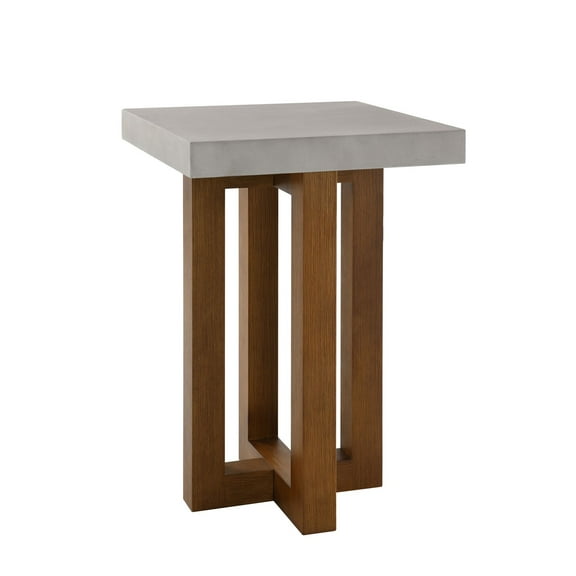 Gzxs 16" Square Side Table, Modern Accent End Desk with Faux Concrete Top & Wood Cross Base (Walnut)
