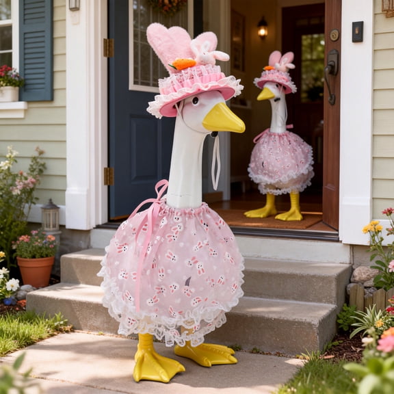 Easter Goose Outfit with Hat – Colorful 2-Piece Costume Set for 23-Inch Garden Goose Statue – Spring Patio Lawn Decoration