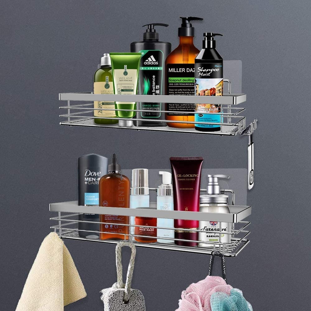 Orimade Shower Caddy Basket Shelf with 5 Hooks Adhesive Organizer Storage  Rack Rustproof Wall Mounted Stainless Steel No Drilling for Bathroom