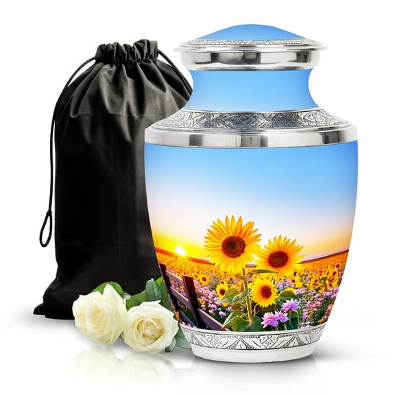 SABURIAL Sunflower Urn - Burial Urns For Adult Human Ashes - 10 Inch - Large With Velvet Bag - Funeral Urn Adult Ash Man & Women - Memorial Burials For Ash - Cremation For Ashes
