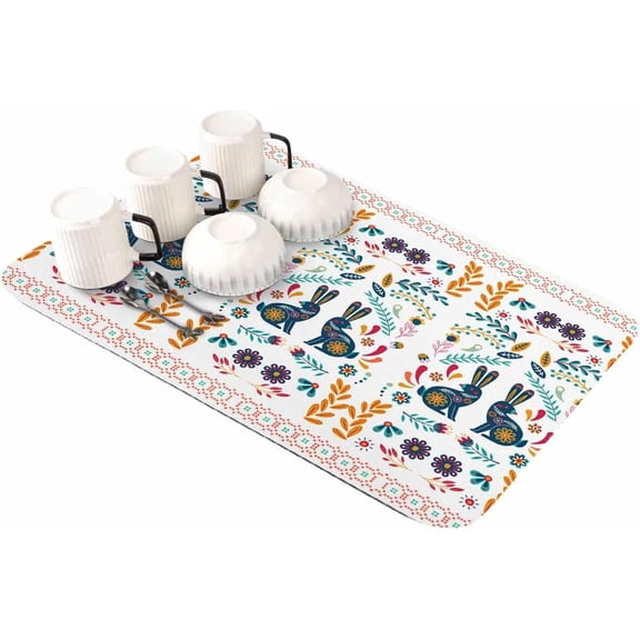 Boho Floral Rabbit Dish Drying Mat for Kitchen Counter, Super Absorbent Quick Dry Coffee Bar Mat Pad Thin Diatomaceous Sink Mat Non Slip Dish Drainer Mat 16x18 Easter Botanical Abstract Flower Leaves