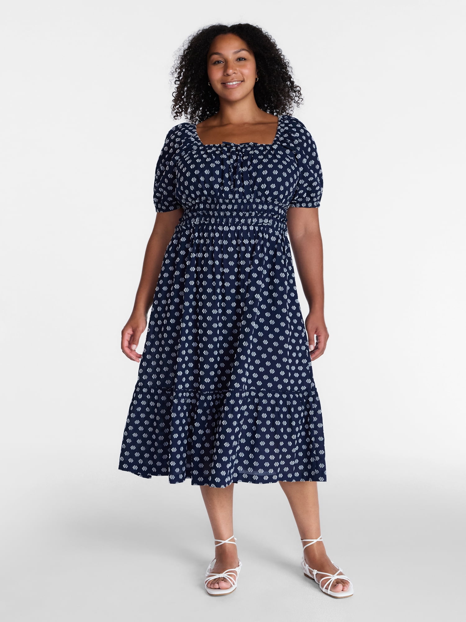 Time and Tru Women's and Women's Plus Puff Sleeve Square Neck Midi Dress, Sizes XS-4X