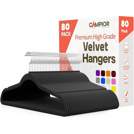 Black Velvet Hangers 80 Pack – Heavy-Duty 11 lbs Capacity, 360° Swivel Hook, Non-Slip & Space-Saving Design – Smooth Velvet Finish for Crease-Free Clothes & Effortless Closet Organization