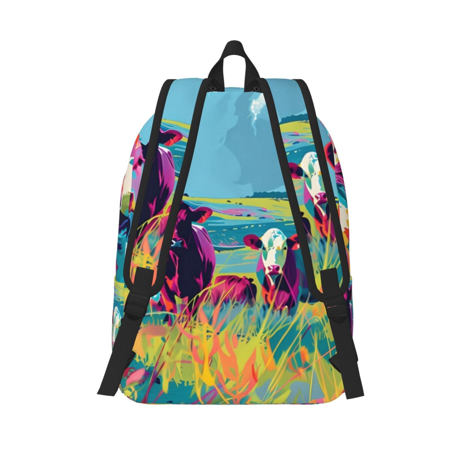 Picia Pop Art Colorful Cows Printed Canvas Daypack - Stylish and Durable Vintage Compact Backpack - Class, Work, Travel, or Laptop Bookbag,Organized Compartments-Medium