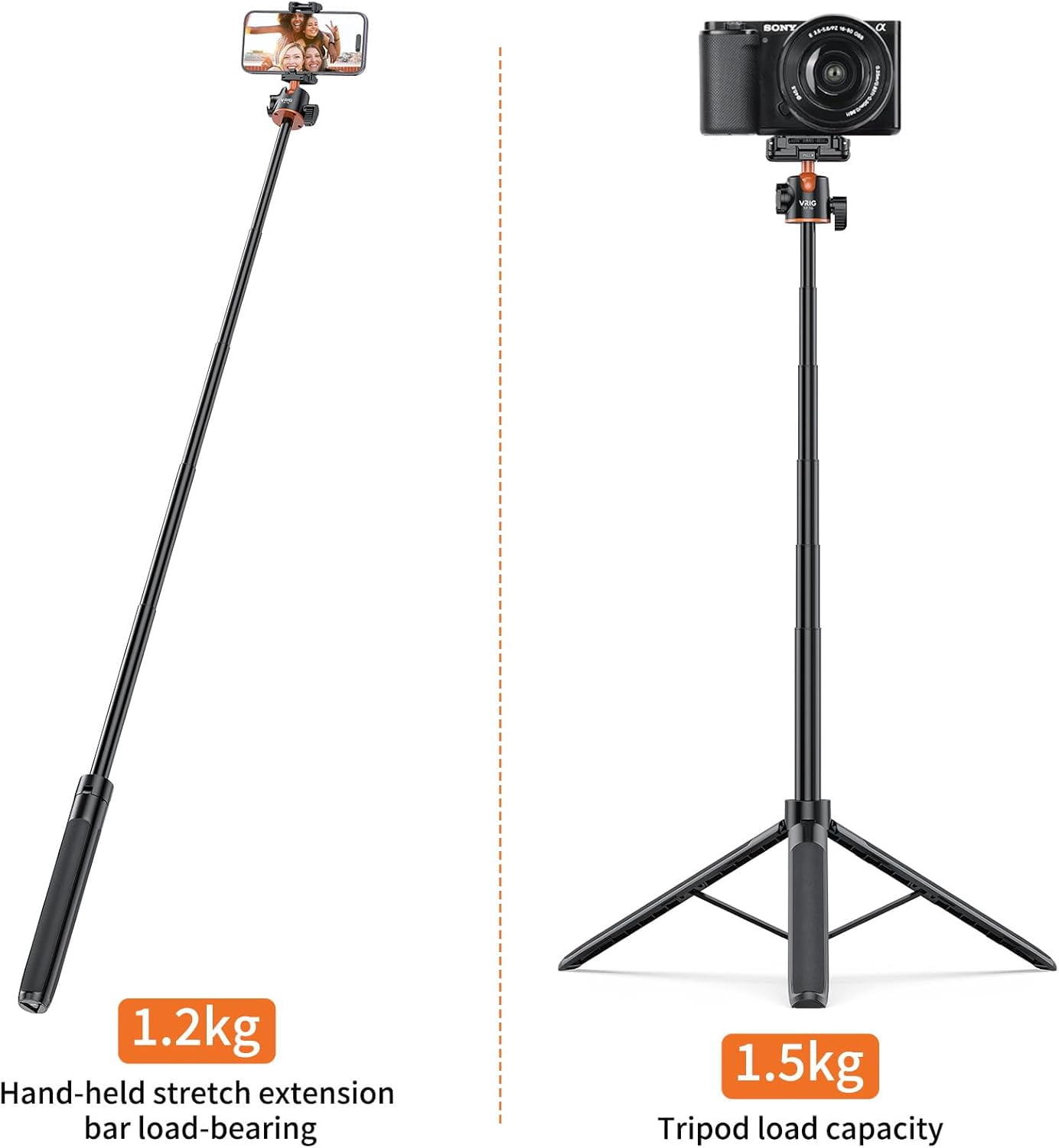 NEOYFC  55" Selfie Stick Tripod with Hidden Phone Holder, TP-16 Extendable Camera Stand with 360° Ball Head & Rotatable Cold Shoe, for iPhone, Mirrorless Camera, Action Cameras