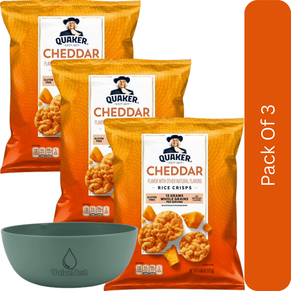 Quaker Rice Crisps – Cheddar Cheese, Gluten Free, 6.06 oz Bag-3pk, With Olive Green Bowl By ValueNest