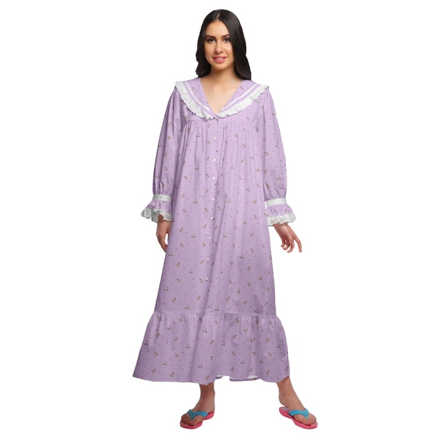 Moomaya Chemise de Nuit Maxi à Boutons Manches Longues Imprimée en Coton pour Femmes
