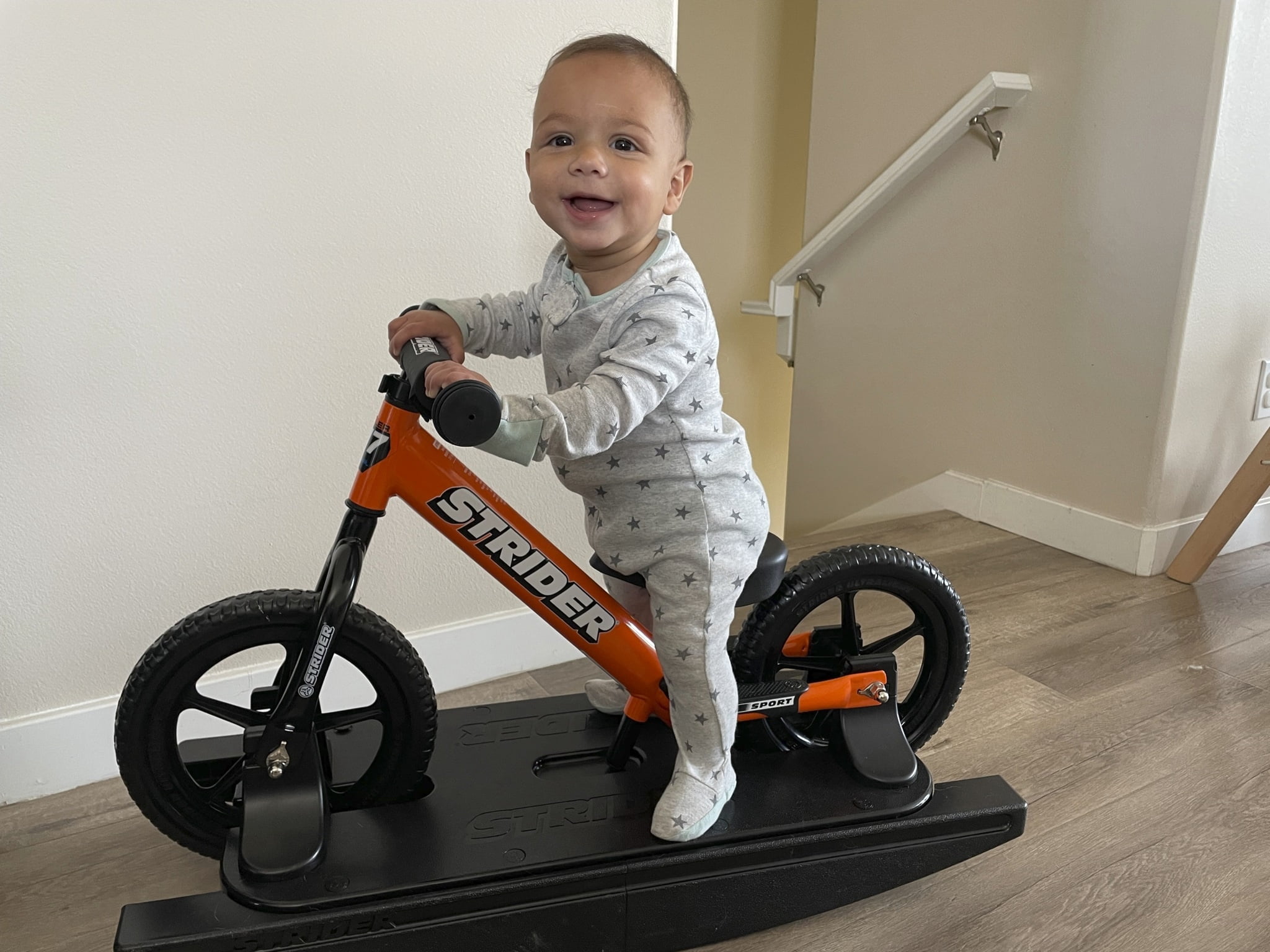 Strider 12” Sport Bike (Orange) + Rocking Base - Helps Teach Baby