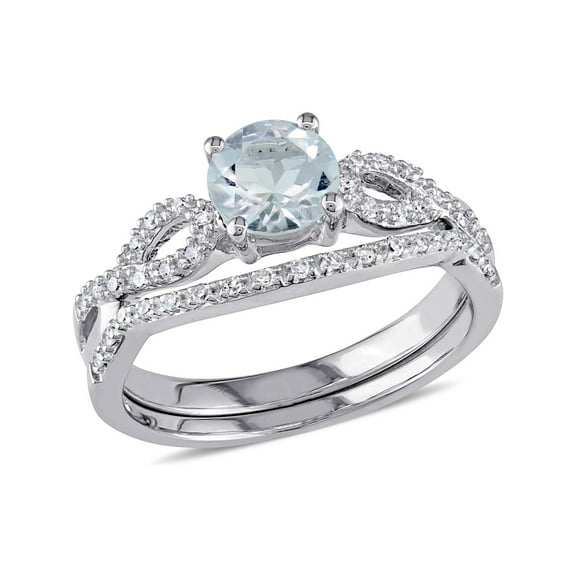 3/4 Carat (Ctw) Clear Aquamarine Engagement Ring & Wedding Band Set with Diamond 10K White Gold for Women