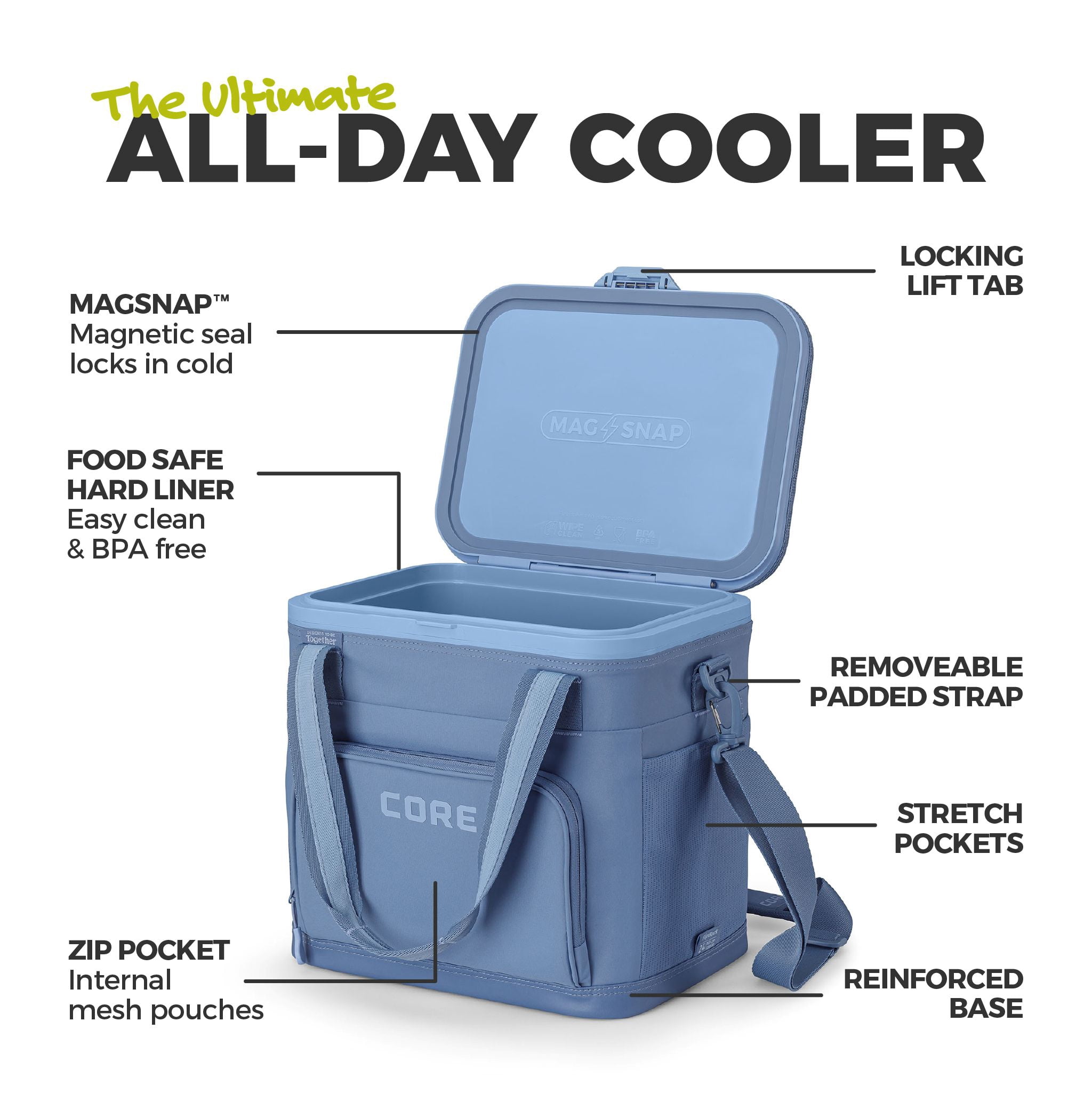 CORE 24 Can FlipBack Magnetic No-Zip Box Cooler, Steel Blue