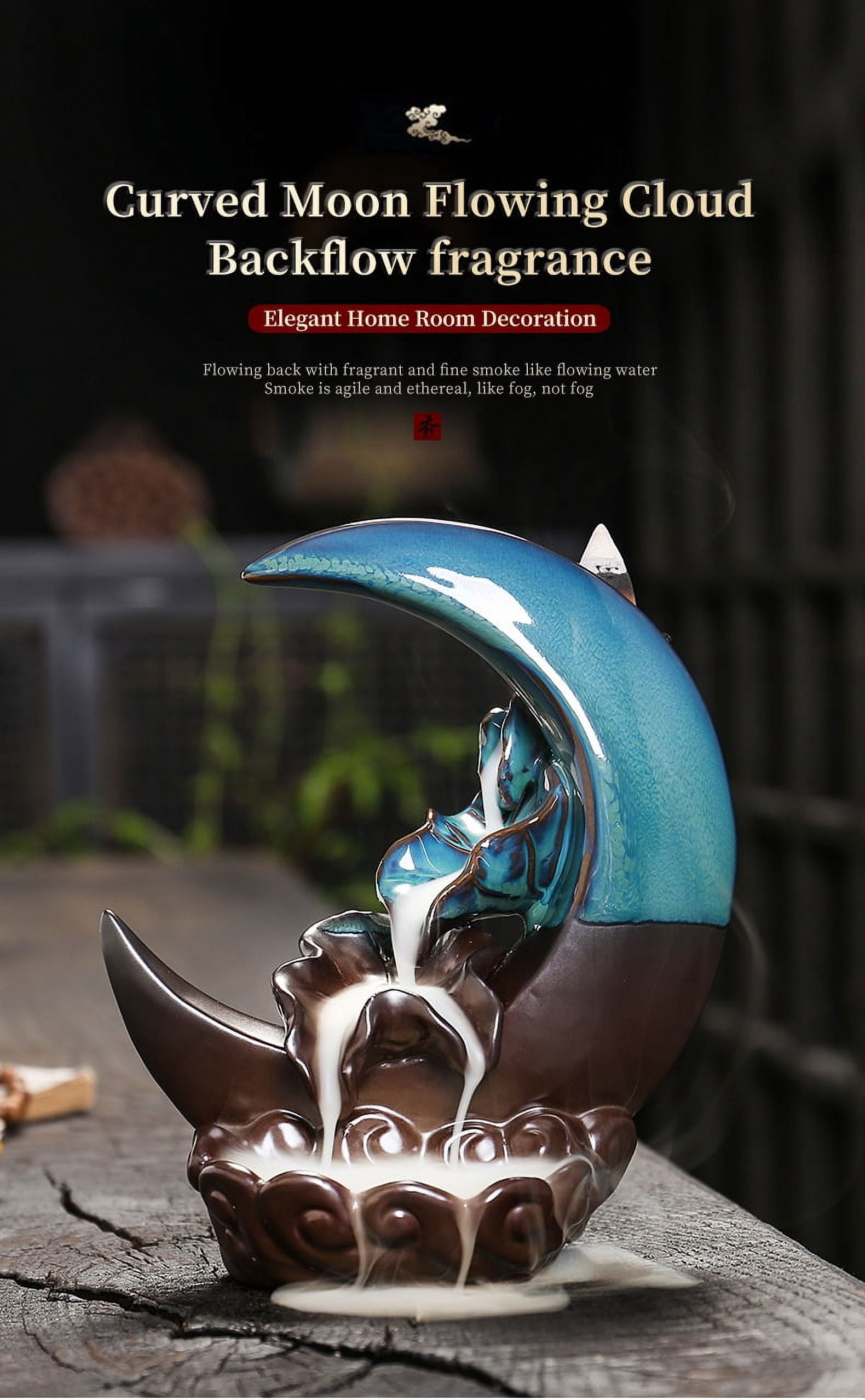Handcrafted Backflow Incense Burner Smoke Waterfall Ceramic Moon-Shaped Incense Holder Creative Reflux Aroma Incense Holder Home Decor