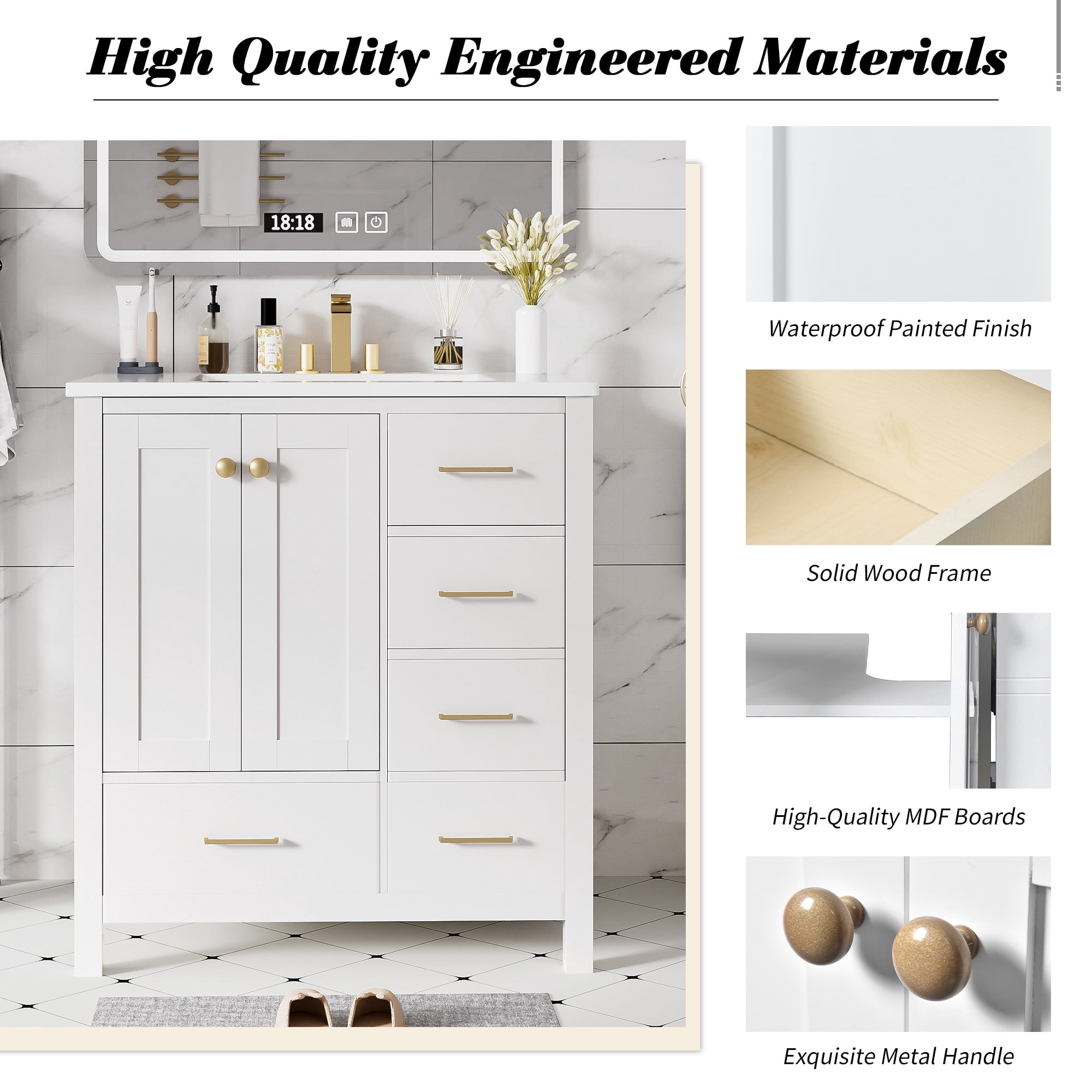 Euroco 30'' Bathroom Vanity with Ceramic Sink Combo, Solid Wood Frame Bathroom Storage Cabinet, Freestanding Vanity Set with 4 Drawers& Soft Closing Doors, White