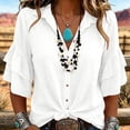 thumbnail image 2 of Tops for Women 3/4 Sleeve Collared Women Solid Western Linen Cotton Button Down Tiered Ruffle Blouse, 2 of 7