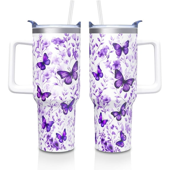 Butterfly Gifts Tumbler for Women Mom, Butterflies Print Leakproof Coffee Travel Mug, Lavender 40 Oz Tumblers with Handle and Straw Water Bottle Cup Gift Ideal