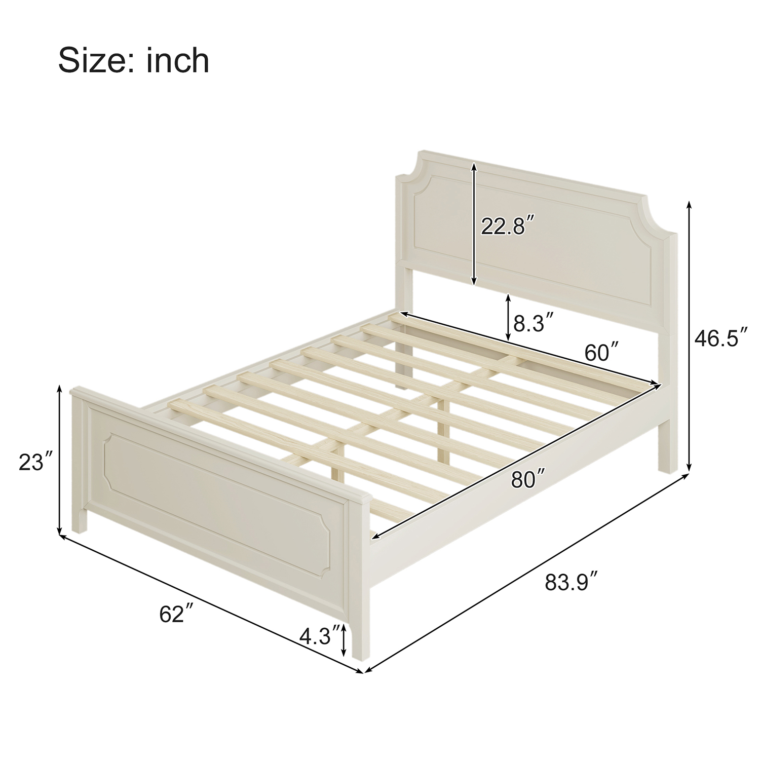 Kadyn Milky White Solid Rubber Wood Platform Bed, Modern Wood Queen Platform Bed with Headboard, Farmhouse bedstead for Bedroom