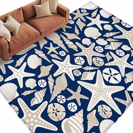 Area Rug 72&times;108in Summer Ocean Starfish Floor Carpet Living Room Rug Conch Shell on Blue Non-Slip Welcome Mat Indoor Rugs for Bedroom Dining Room