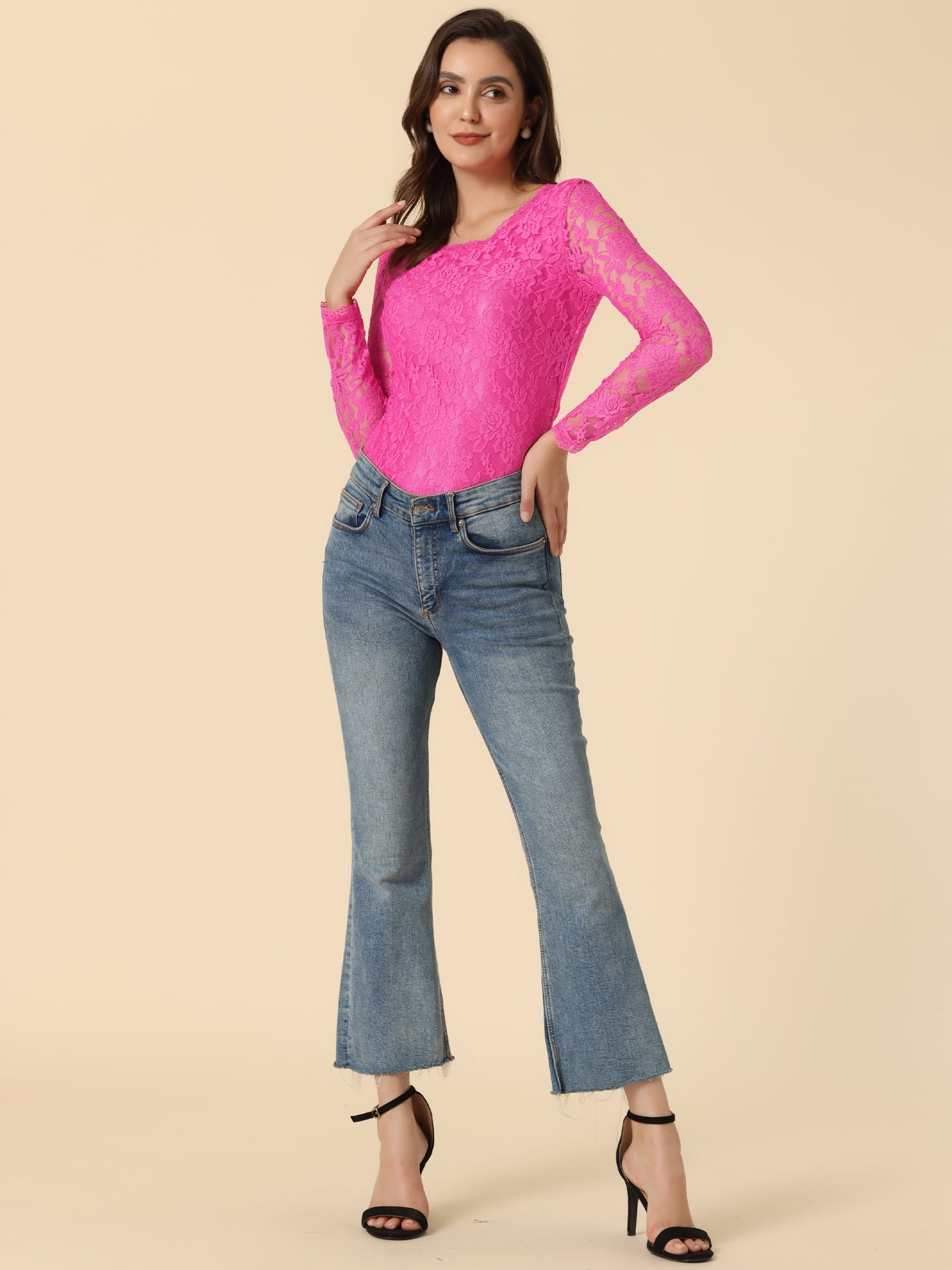 DARING DIVA Sheers Flower Embroidery Lace Top S Hot Pink
