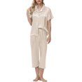 thumbnail image 4 of Juosiy Women Simpe Fashion Ice Silk Satin Sleepwear Solid Color Smooth Lapel Short Sleeve Capri Pajamas Home Suit, 4 of 7